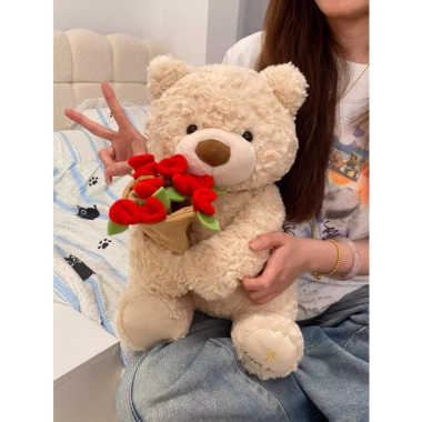 Gấu bông teddy lông xù đội mũ ôm bó hoa hồng - Quà tặng sinh nhật Valentine cho bạn gái, người yêu 80k 3