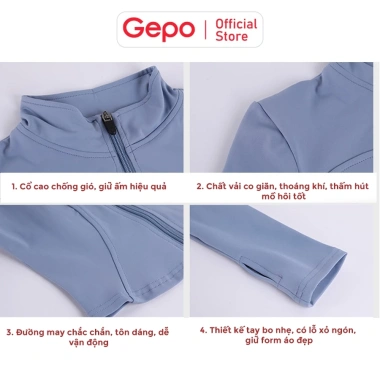 GEPO Áo Khoác Thể Thao Nữ Dài Tay Co Giãn, Khóa Kéo, Thấm Hút Mồ Hôi GP209