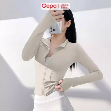 GEPO Áo Khoác Thể Thao Nữ Dài Tay Co Giãn, Khóa Kéo, Thấm Hút Mồ Hôi GP209