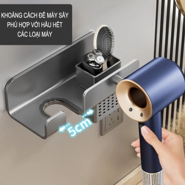 Giá đỡ máy sấy tóc nhôm cao cấp kèm kệ đựng đồ dán tường không cần khoan 117.000₫