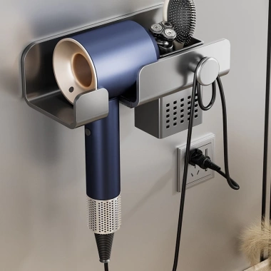 Giá đỡ máy sấy tóc nhôm cao cấp kèm kệ đựng đồ dán tường không cần khoan 117.000₫