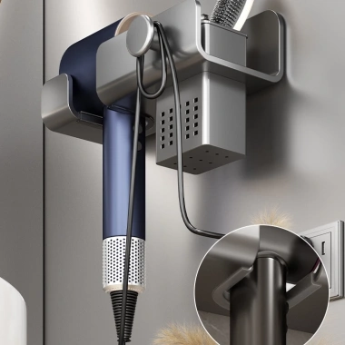 Giá đỡ máy sấy tóc nhôm cao cấp kèm kệ đựng đồ dán tường không cần khoan 117.000₫