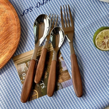 Giả Tay Cầm Gỗ 316 Thìa Inox Nĩa Retro Bộ Đồ Ăn Cao Cấp Cho Nhà Hàng và Khách Sạn Phương Tây 4
