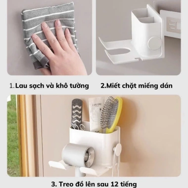 Giá treo máy sấy tóc dán tường nhà tắm - kệ đỡ có ngăn để đồ tiện lợi, 39.000đ
