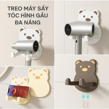 Giá Treo Máy Sấy Tóc Hình Gấu Đa Năng Dán Tường – Dán Chắc, Chịu Lực Tốt, Trang Trí Đáng Yêu, Giá 30.000₫