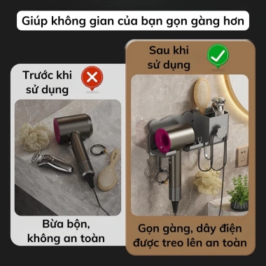 Giá treo máy sấy tóc nhà tắm kệ ngăn đồ, móc treo, tặng dán, chỉ 39.000 2