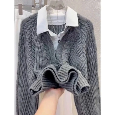 (GIAO TRƯỚC TẾT) Áo len thu đông cách điệu phối sơ mi trẻ trung năng động nữ KHOSI SP248