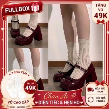 Giày cao gót đỏ 8cm Mary Jane đế vuông Tiểu Thư mùa đông - hàng sẵn, giảm còn 590k