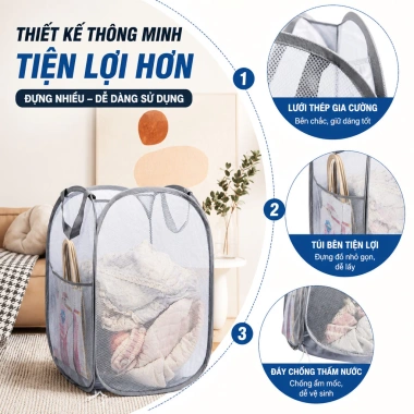 Giỏ Đựng Đồ Giặt Thoáng Khí Gấp Gọn Tiết Kiệm Không Gian - Siêu Lớn, Quai Xách, Giá 59.000₫ 5