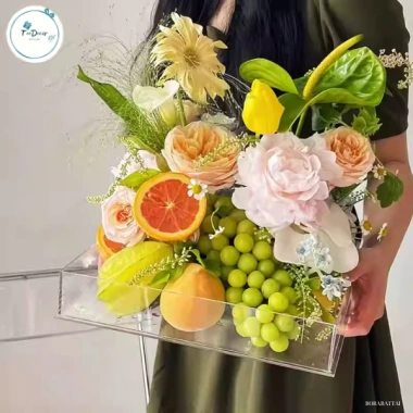 Giỏ hoa mica trong suốt - giỏ đựng quà Tết, hộp hoa có quai, trưng bày trái cây, giảm 20%