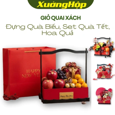 Giỏ quà Tết cao cấp, quai xách, set hoa quả, tem Happy New Year 126k