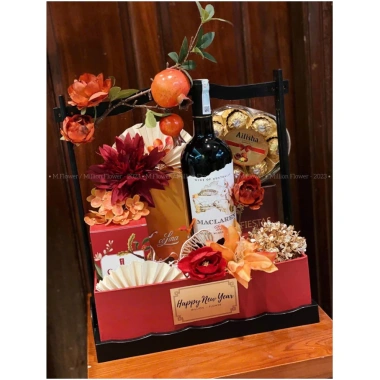 Giỏ quà Tết cao cấp, quai xách, set hoa quả, tem Happy New Year 126k 7