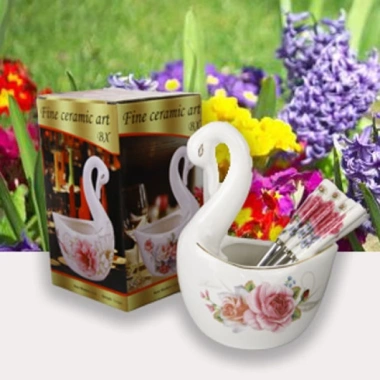 Giỏ sứ cắm thìa nĩa trang trí bàn ăn, ống sứ in hoa hồng, giảm giá 18% chỉ 77.420₫