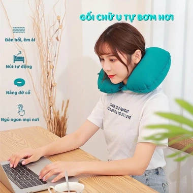 Gối Chữ U Tự Động Bơm Hơi + Bộ 3 Món Du Lịch – Thoải mái, tiết kiệm không gian, 25.357₫