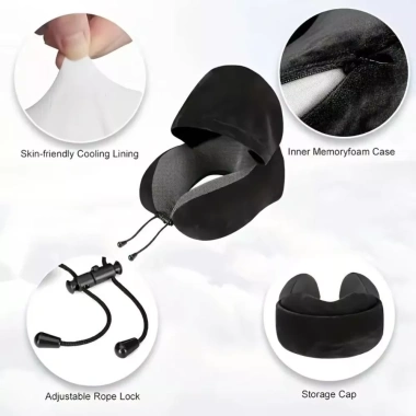 Gối cổ du lịch REXOR hình chữ U có nắp, túi đựng, điều chỉnh đa chức năng, vỏ giặt được, mũ ô tô – 199.584₫
