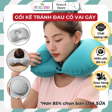 Gối kê cổ chữ U tự bơm hơi LAMOCE: Gọn gọn, mềm mại, kèm bịt mắt, giảm đau cổ vai gáy cho máy bay & văn phòng