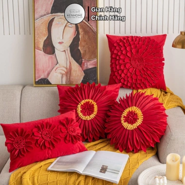 Gối Sofa Hoa Cúc Đỏ Đô 45x45 cm - Phòng Khách & Khách Sạn - KENHOME - 241.000₫