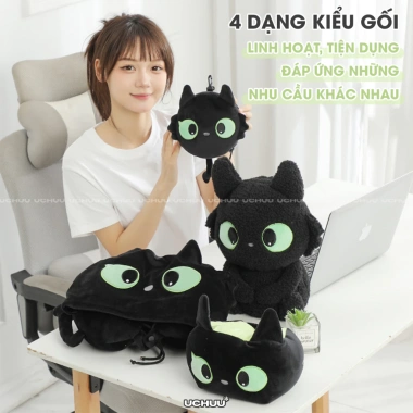 Gối Văn Phòng UCHUU Mèo Đen Đa Năng: Kê Cổ Hạt Xốp, Bịt Mắt Ngủ, Mũ Trùm Đầu Du Lịch - Giá Ưu Đãi 121k 4