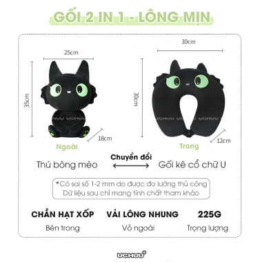 Gối Văn Phòng UCHUU Mèo Đen Đa Năng: Kê Cổ Hạt Xốp, Bịt Mắt Ngủ, Mũ Trùm Đầu Du Lịch - Giá Ưu Đãi 121k 7