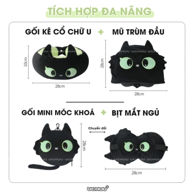 Gối Văn Phòng UCHUU Mèo Đen Đa Năng: Kê Cổ Hạt Xốp, Bịt Mắt Ngủ, Mũ Trùm Đầu Du Lịch - Giá Ưu Đãi 121k 9