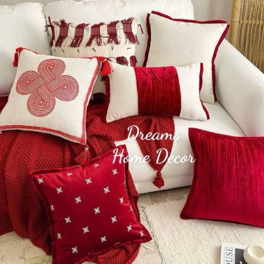 Gối Vuông Tựa Lưng Cao Cấp Thêu Đỏ Trang Trí Nhà Cửa Tết - Vỏ Áo Gối Sofa Sang Trọng, Giá Ưu Đãi 295k