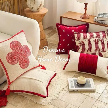 Gối Vuông Tựa Lưng Cao Cấp Thêu Đỏ Trang Trí Nhà Cửa Tết - Vỏ Áo Gối Sofa Sang Trọng, Giá Ưu Đãi 295k