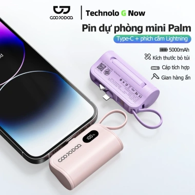 Goojodoq Mini Power Bank 5.000mAh Type‑C và Lightning, giao diện kép, màn hình LED, giá 129.000đ
