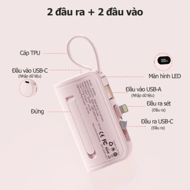 Goojodoq Mini Power Bank 5.000mAh Type‑C và Lightning, giao diện kép, màn hình LED, giá 129.000đ