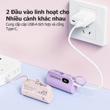 Goojodoq Mini Power Bank 5.000mAh Type‑C và Lightning, giao diện kép, màn hình LED, giá 129.000đ