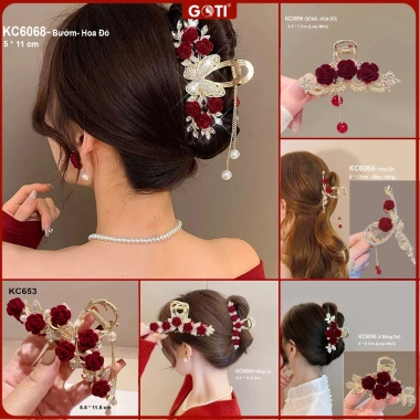 GOTI Kẹp Tóc Nữ Màu Đỏ Tết Càng Cua Kim Loại Đính Hạt Quà Tặng Giá 18.000