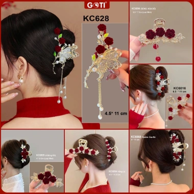 GOTI Kẹp Tóc Nữ Màu Đỏ Tết Càng Cua Kim Loại Đính Hạt Quà Tặng Giá 18.000