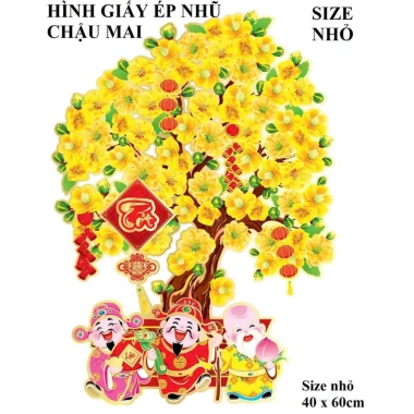 Hình Dán Ép Nhũ 3D Chậu Mai, Đào, Tắc, Cành Mai Đào – Nhiều Size, Trang Trí Tết, Giá chỉ 45.000