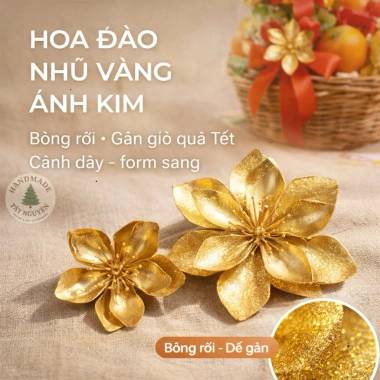 Hoa Đào Cánh Kép Nhũ Vàng - Decor Tết Đẹp, Cắm Bình, Gắn Giỏ Quà, Chụp Ảnh, Bàn Thờ - Giá 19.999đ 2