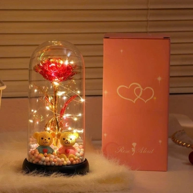 Hoa Hồng 3D LED Lồng Kính + Keo Túi Xách & Thiệp - Quà Valentine, Sinh Nhật, 8/3