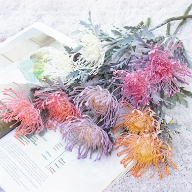 Hoa móng vuốt cua nhân tạo 2 nhánh ngắn phong cách pincushion – trang trí lễ hội, vòng hoa, bình hoa cho phòng cưới