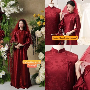 HOẢ TỐC 2h HCM Cặp Áo Dài Nam Nữ Kem Nude Đỏ Đô Phối Nút Hò 4 Tầng Cao Cấp - Dành Cưới Hỏi Đi Tiệc