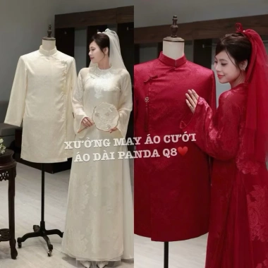 HOẢ TỐC 2h HCM Cặp Áo Dài Nam Nữ Kem Nude Đỏ Đô Phối Nút Hò 4 Tầng Cao Cấp - Dành Cưới Hỏi Đi Tiệc
