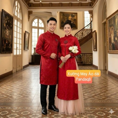 HOẢ TỐC 2h HCM Cặp Áo Dài Nam Nữ Kem Nude Đỏ Đô Phối Nút Hò 4 Tầng Cao Cấp - Dành Cưới Hỏi Đi Tiệc