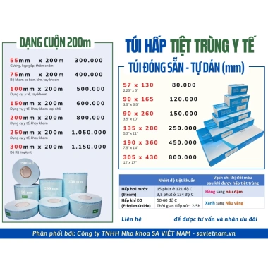 Hộp 200 túi ép tiệt trùng dán sẵn 90x260mm - Đóng gói vô trùng y tế nha khoa, giá ưu đãi 150.000