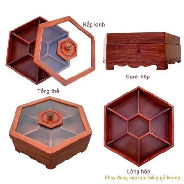 Hộp bánh kẹo Tết hình lục giác gỗ hương nắp kính thủ công cao cấp Làng Nghề Chuôn Ngọ giảm giá 299k