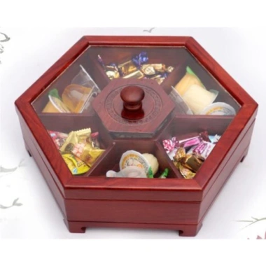 Hộp bánh kẹo Tết hình lục giác gỗ hương nắp kính thủ công cao cấp Làng Nghề Chuôn Ngọ giảm giá 299k