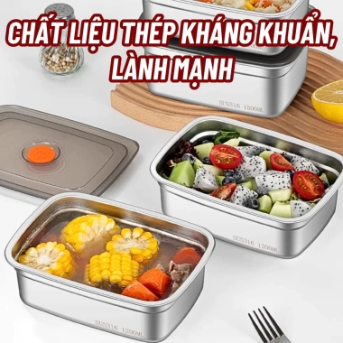 Hộp bảo quản thực phẩm inox 304 chống rỉ, nắp kín khít, không tràn, dùng cho lò nướng & tủ lạnh