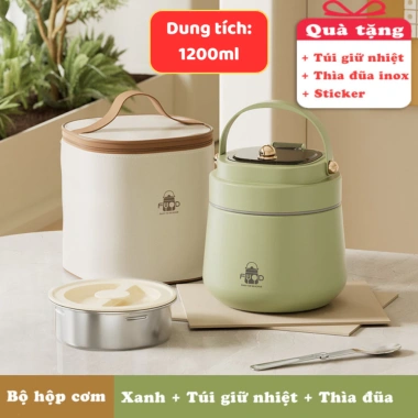 Hộp cơm giữ nhiệt Cà mèn Inox 304 Văn phòng, tặng túi & thìa đũa, giảm giá 390k