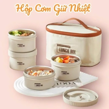 Hộp Cơm Giữ Nhiệt Văn Phòng 4 Tầng Inox 304 Chống Gỉ và Túi Đựng Giữ Nhiệt, Giá 99k
