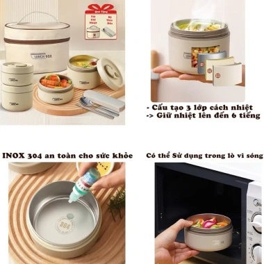 Hộp Cơm Giữ Nhiệt Văn Phòng 4 Tầng Inox 304 Chống Gỉ và Túi Đựng Giữ Nhiệt, Giá 99k