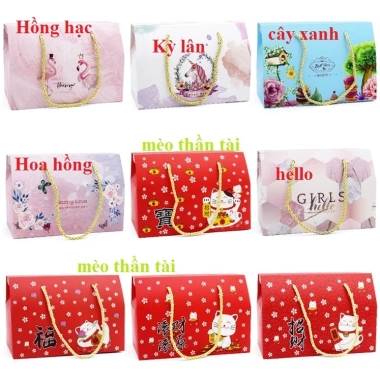 Hộp đựng bánh kẹo Tết mèo thần tài hoa hồng, có dây xách - Giá 59.000₫