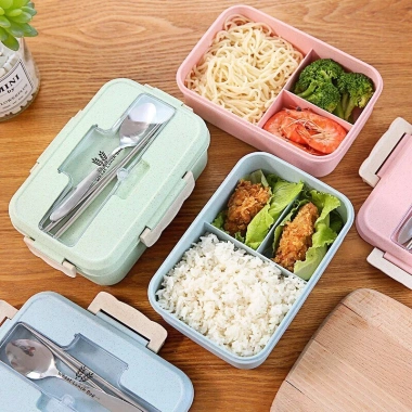Hộp Đựng Cơm 3 Ngăn Lúa Mạch Giữ Nhiệt - Tặng Đũa Thìa Inox, Giá Chỉ 52.605₫