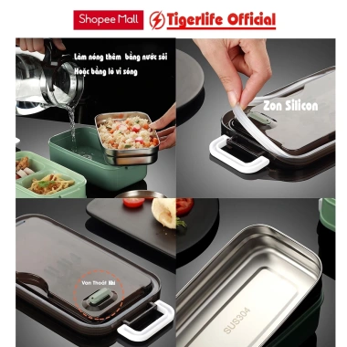 Hộp đựng cơm giữ nhiệt 2 tầng lúa mạch Tigerlife inox 304 và zon chống trào, tặng full đồ dùng 2