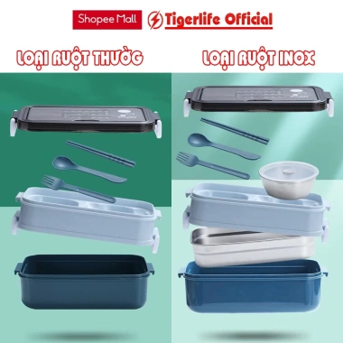 Hộp đựng cơm giữ nhiệt 2 tầng lúa mạch Tigerlife inox 304 và zon chống trào, tặng full đồ dùng 3