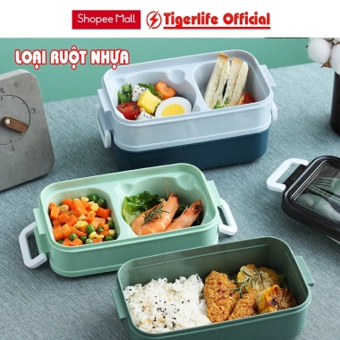 Hộp đựng cơm giữ nhiệt 2 tầng lúa mạch Tigerlife inox 304 và zon chống trào, tặng full đồ dùng 4